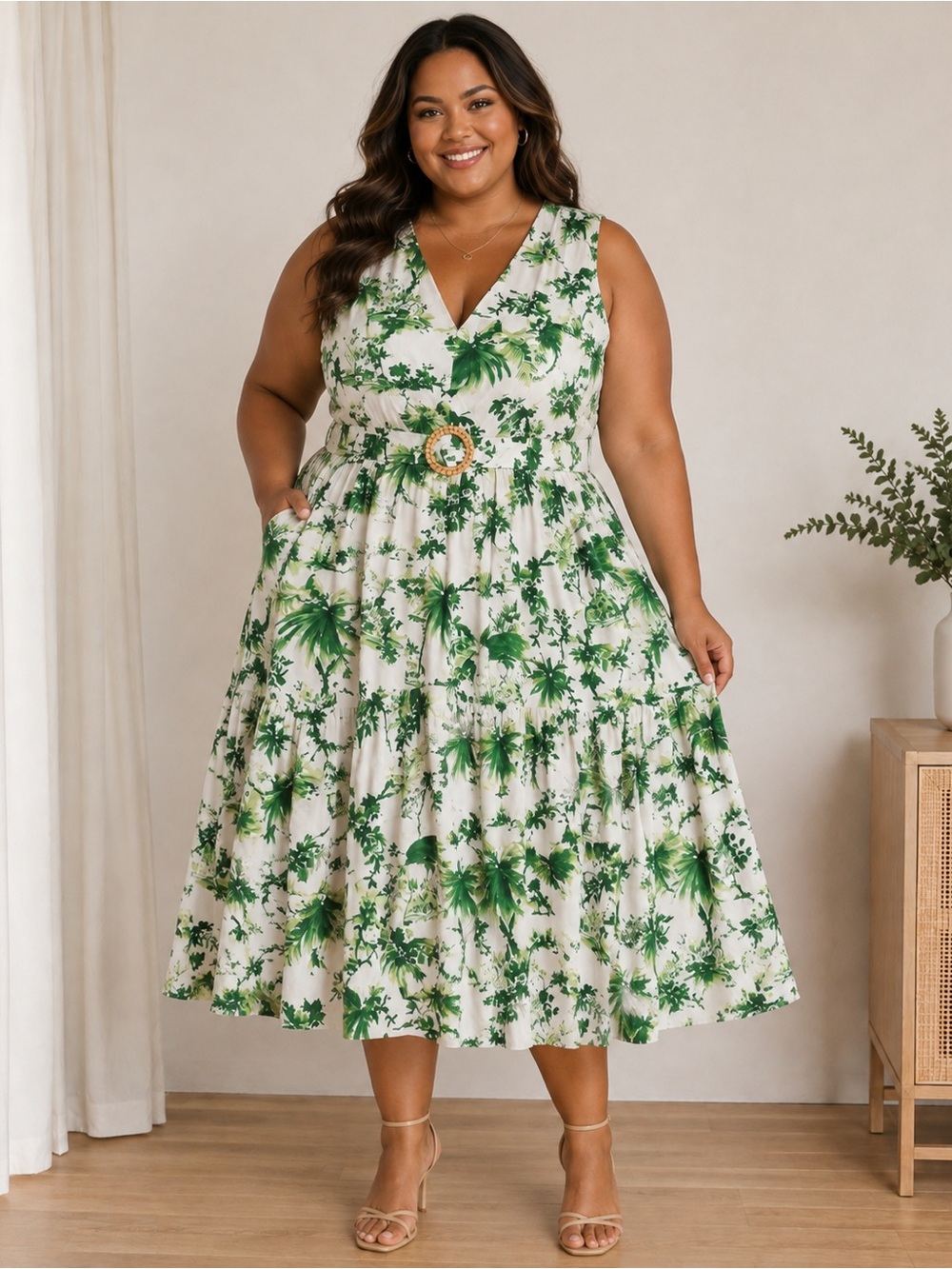 Vince Camuto NWT Green White Tropical Palm Leaf Midi Sundress Plus Size 18